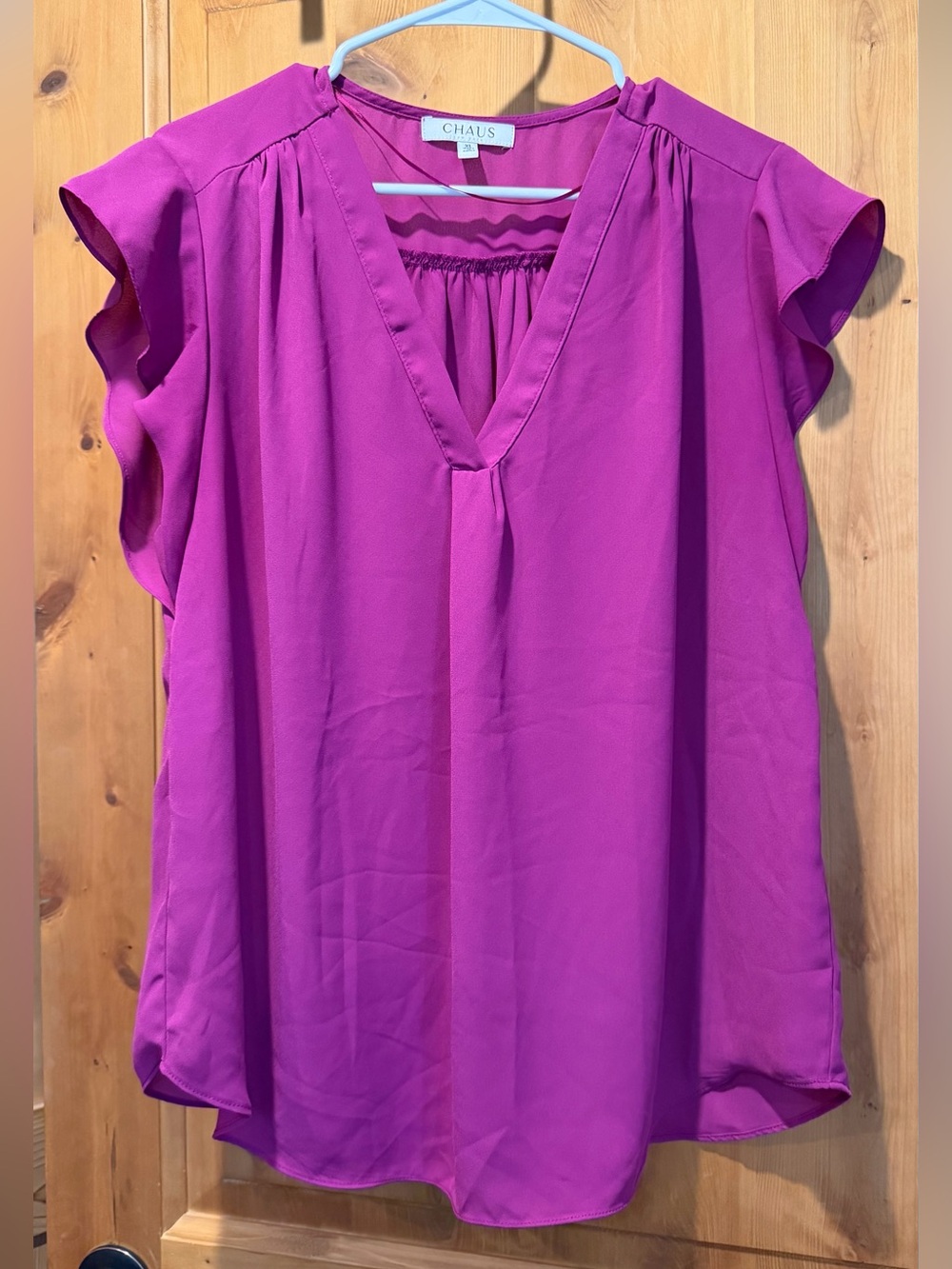 Chaus V-Neck Flutter Sleeve Blouse in Fuchsia